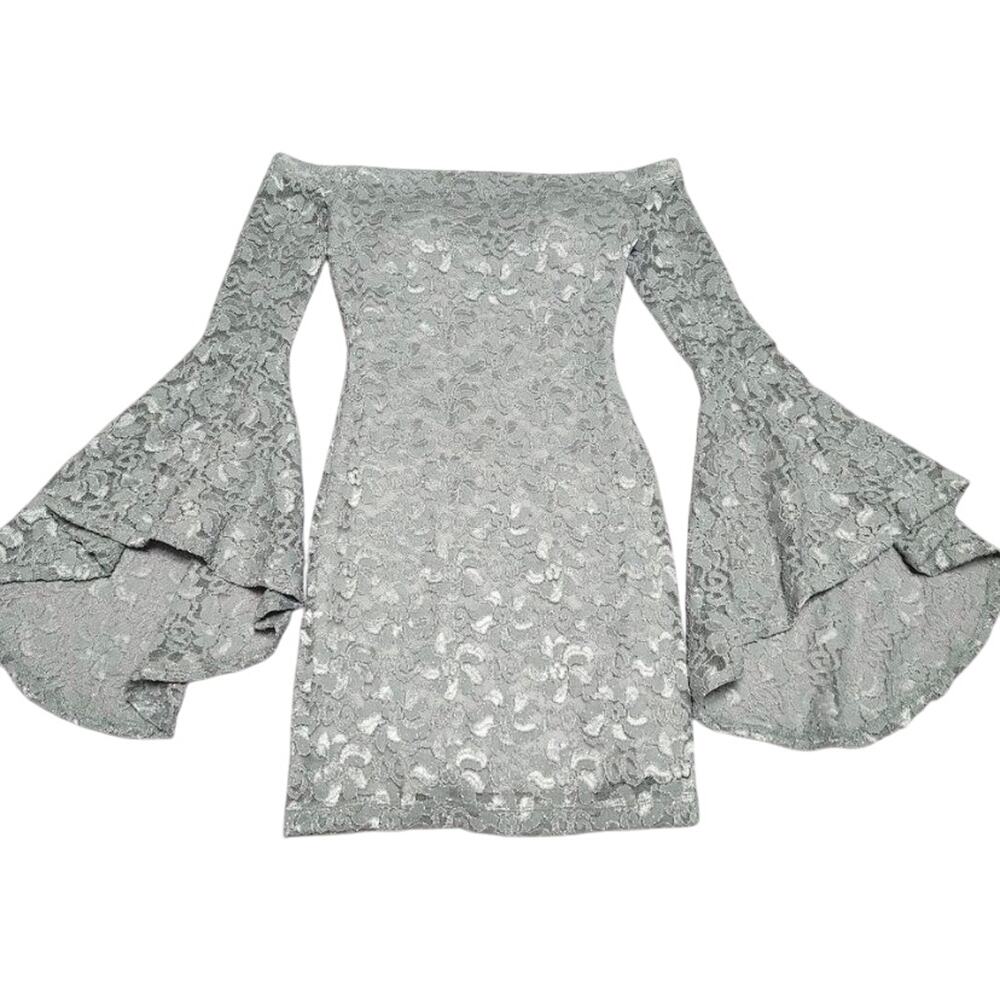 70’s Silver Metallic Bell Sleeve Dress Hippy Disco 60’s Mod XS Studio 54 Retro